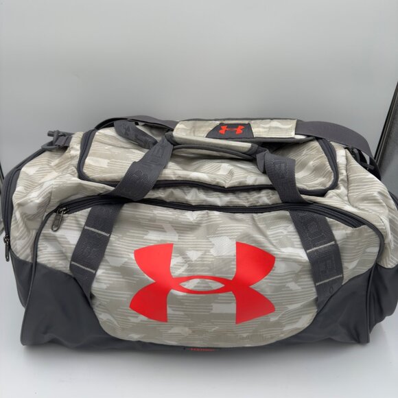 Under Armour Duffle Bag Large Gray/Beige With Red Logo & Multiple Compartments - Picture 1 of 16